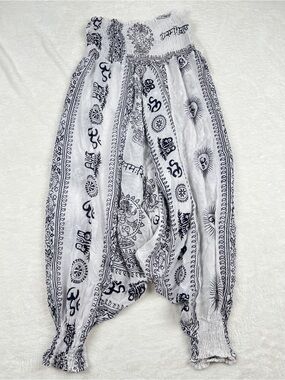 Boho Harem Pants Om Print Elastic Waist Black White OS